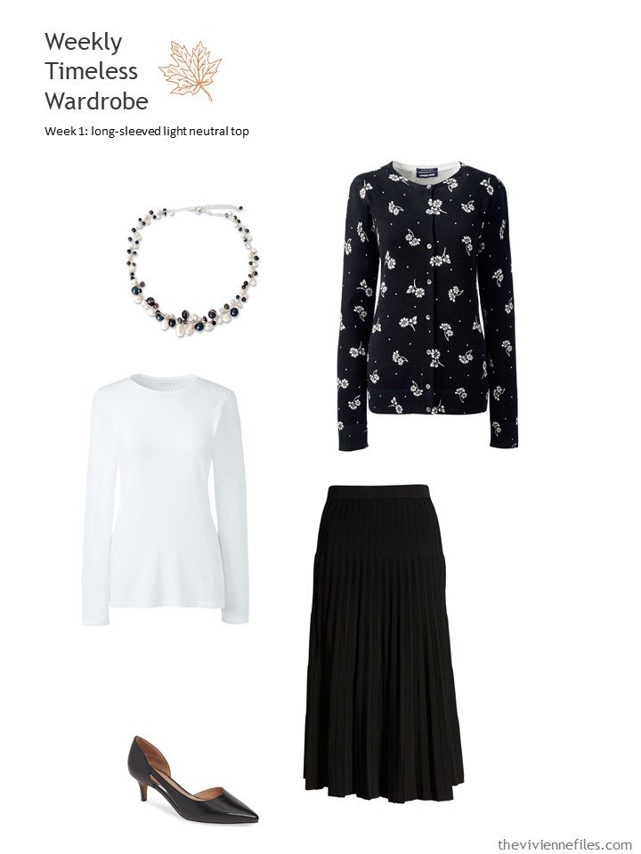 6. white tee with black skirt and floral cardigan