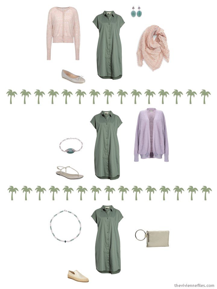 7. 3 ways to wear a green dress from a travel capsule wardrobe