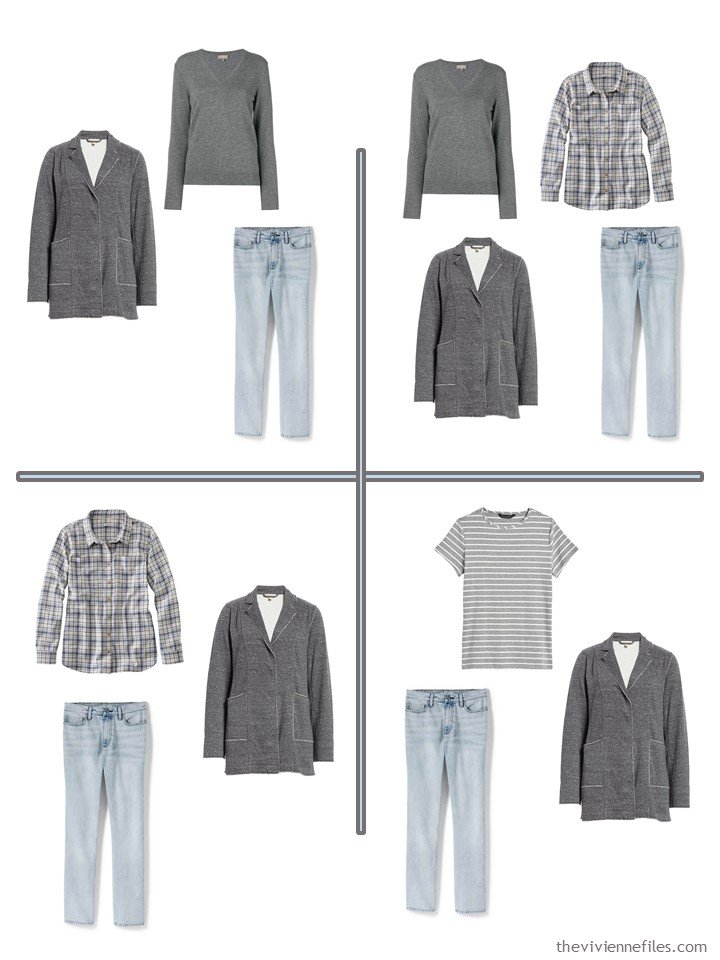 7. 4 outfits from a 5-piece wardrobe cluster in denim and grey