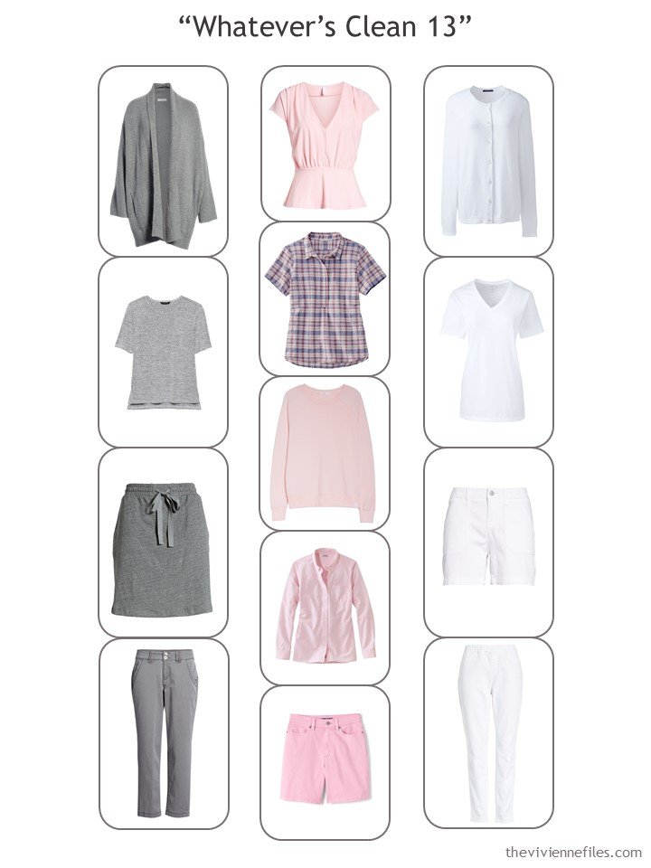 7. complete Whatevers Clean 13 travel capsule wardrobe in grey, pink and white