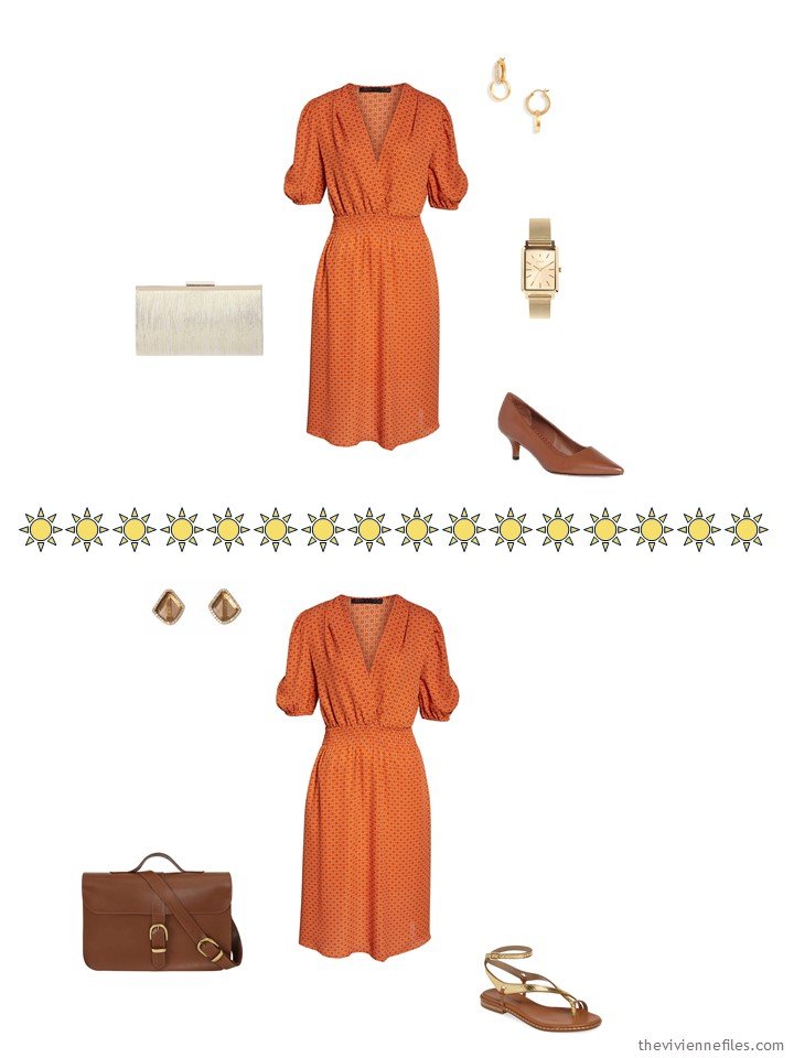 8. 2 ways to wear an orange dress from a capsule wardrobe