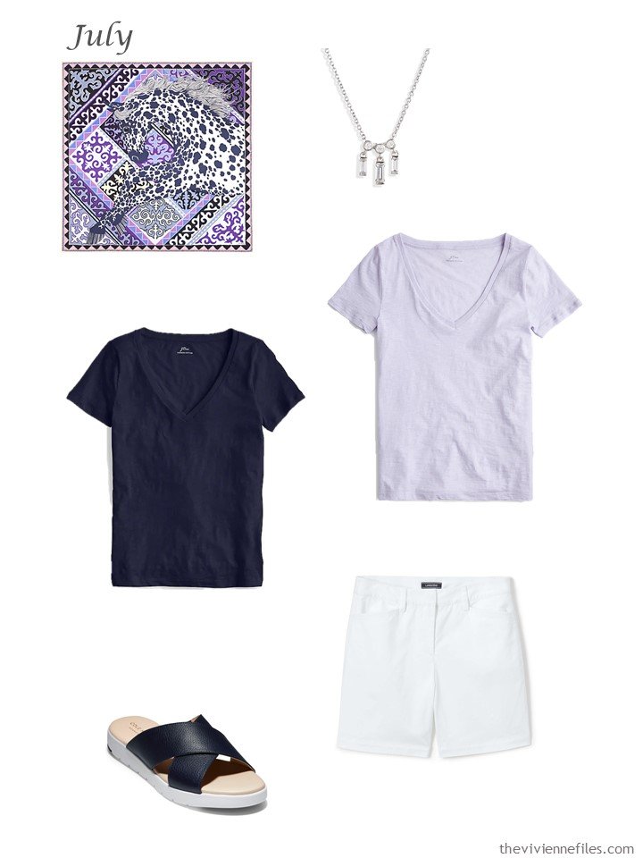 8. adding navy and lilac tee shirts and white shorts to a capsule wardrobe