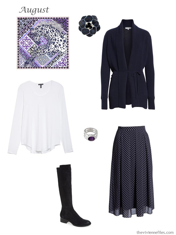 8. navy cardigan, white tee and navy dotted skirt