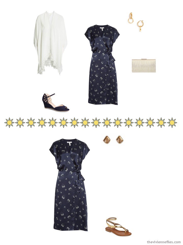 9. 2 ways to wear a navy print dress from a capsule wardrobe