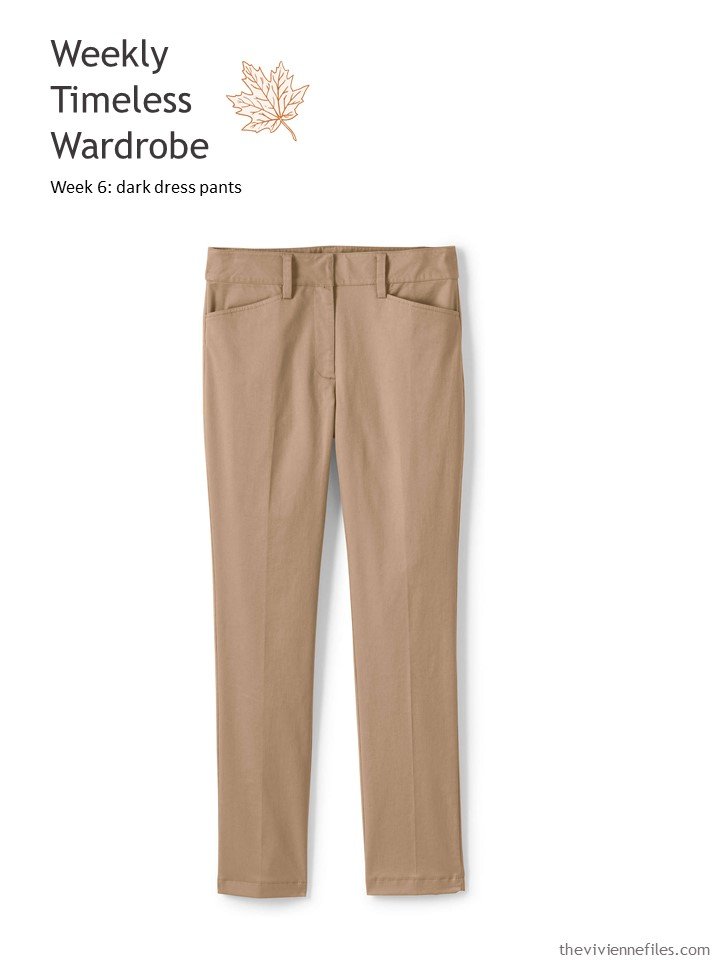 1. adding a pair of cocoa brown pants to a Weekly Timeless Wardrobe