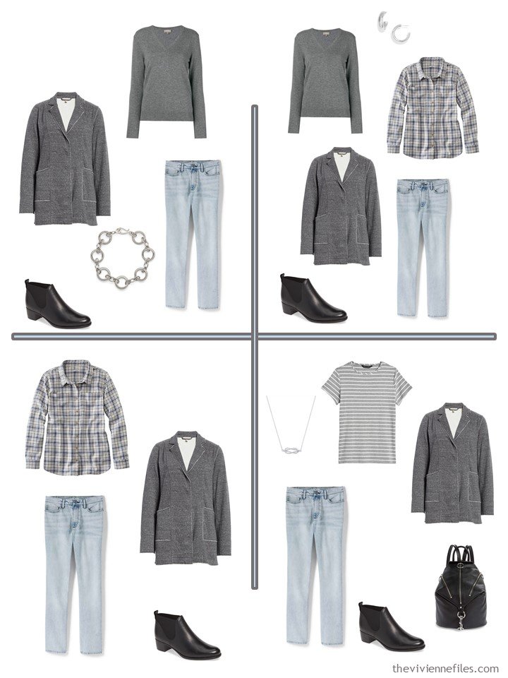 10. 4 accessorized outfits from a 5-piece grey and denim wardrobe cluster