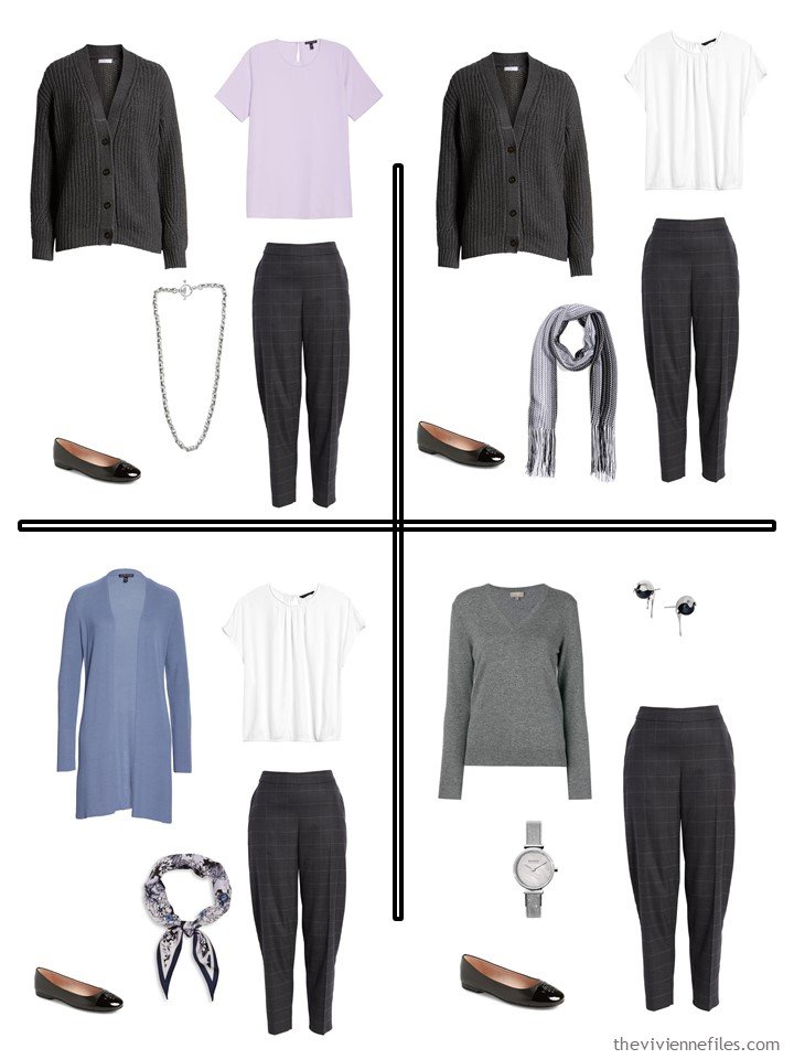 11. 4 outfits from a wardrobe cluster in charcoal and pastels