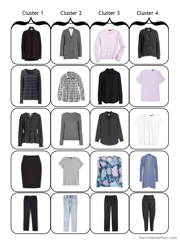 15. 4-cluster travel capsule wardrobe template in black, grey, and pastels