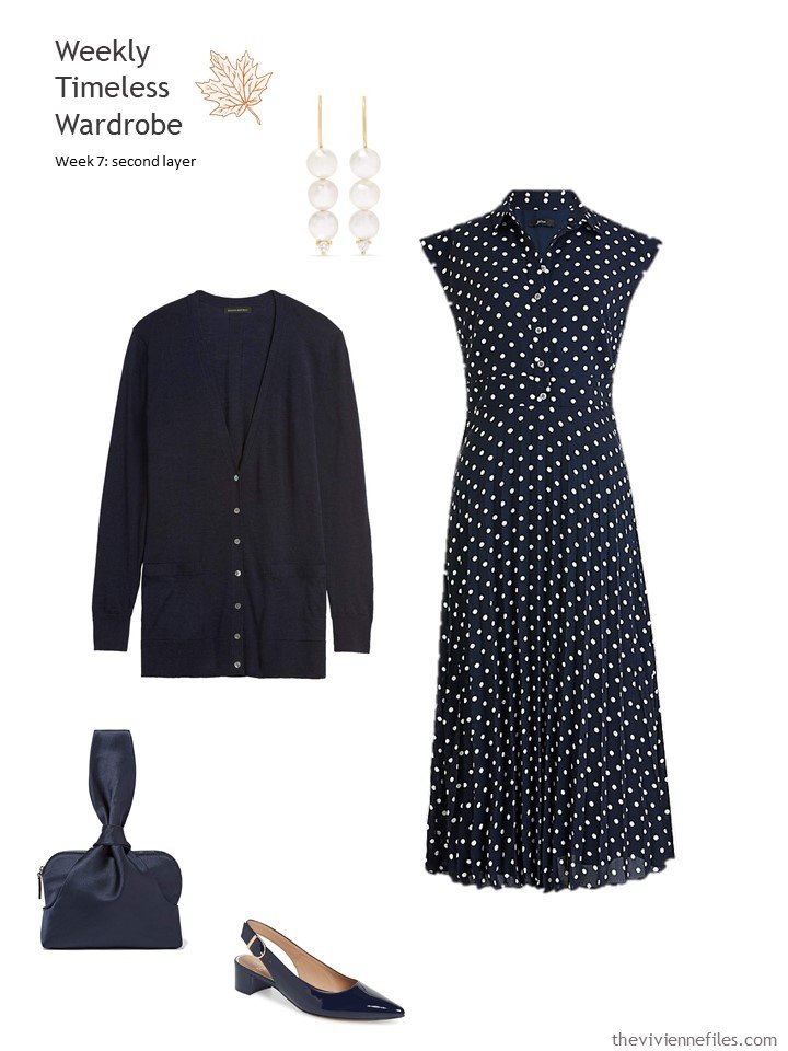 3. navy dotted dress and cardigan