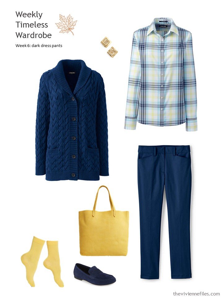 3. navy pants and cardigan with yellow accents