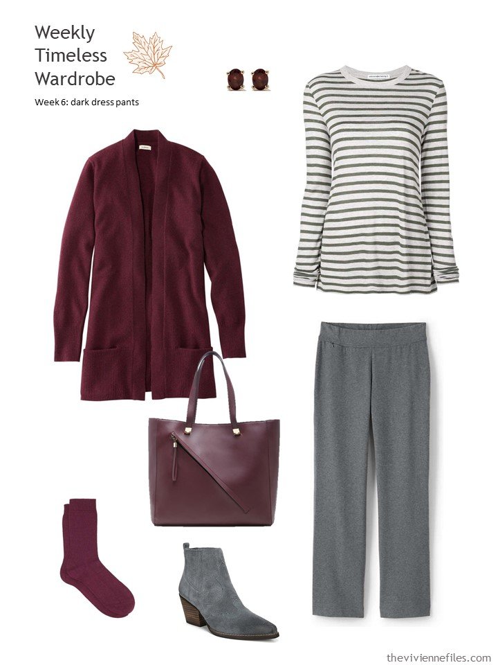 4. grey pants with burgundy cardigan