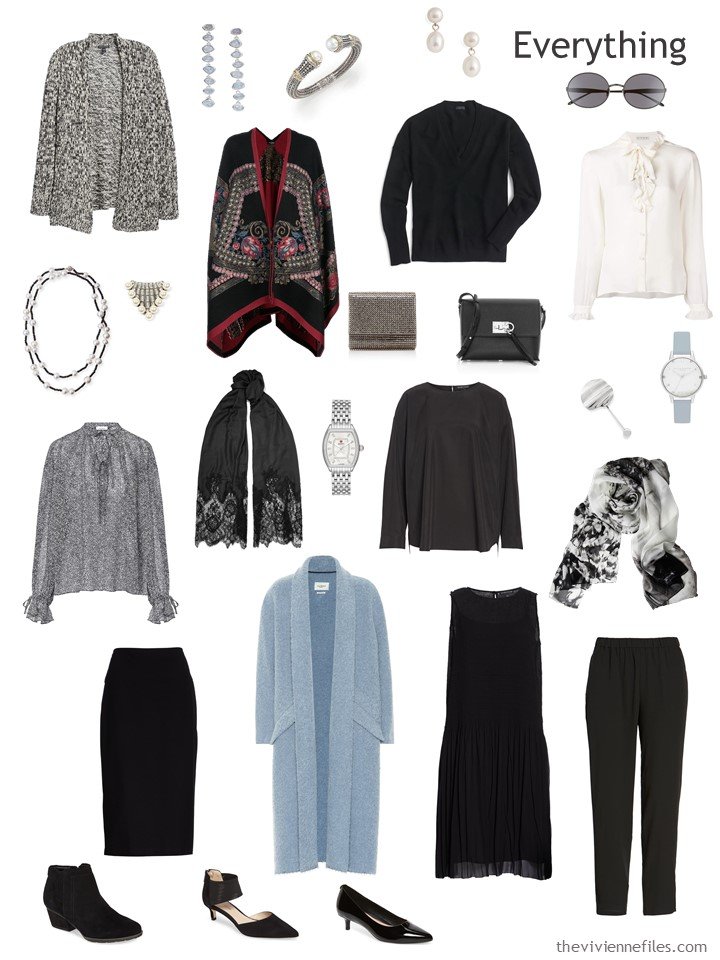 4. travel capsule wardrobe in black, ivory and light blue