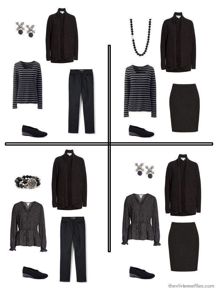 5. 4 accessorized outfits from a 5-piece black wardrobe cluster