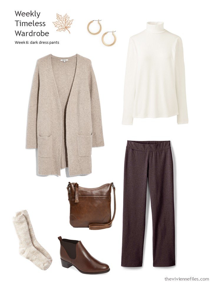 5. brown pants with tan cardigan and ivory turtleneck