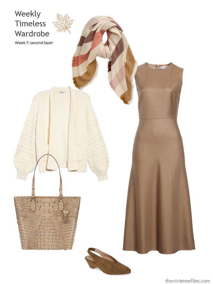 5. camel dress with ivory cardigan