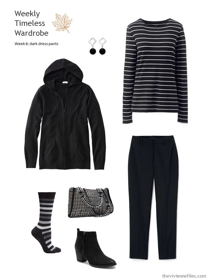 6. black pants accented with black and white stripes