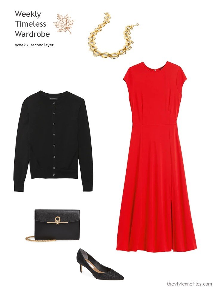 6. red dress with a black cardigan