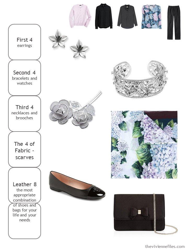 7. accessory cluster in black, silver, and hydrangea floral