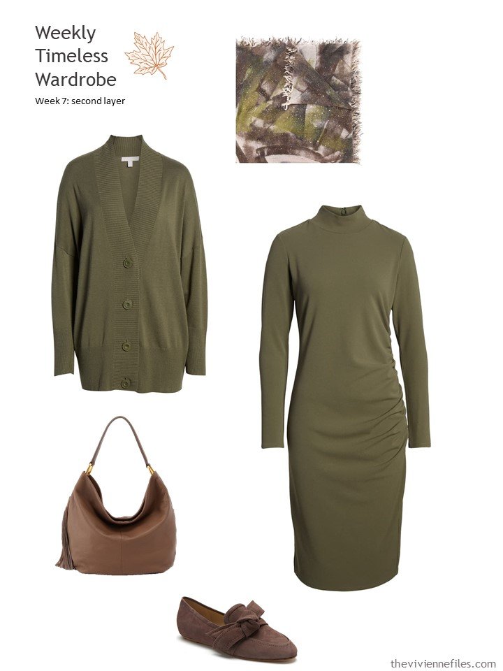 7. olive dress and cardigan with brown leather accessories