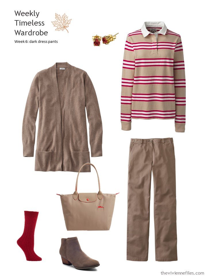 8. brown pants and cardigan with striped rugby jersey