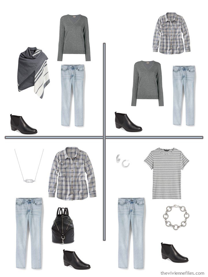 9. 4 accessorized outfits from a 5-piece grey and denim wardrobe cluster