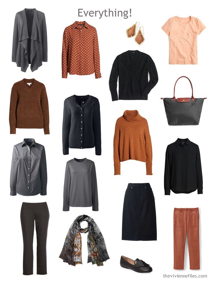 9. Travel capsule wardrobe in black, dark grey and shades of rust