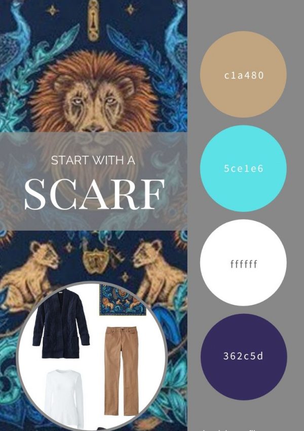 CREATE A TRAVEL CAPSULE WARDROBE - START WITH A SCARF: LION AND PEACOCK SCARF BY ASPINAL OF LONDON, IN NAVY AND CAMEL
