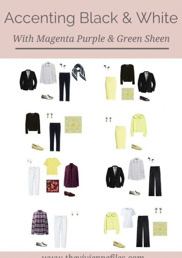 ACCENT A BLACK AND WHITE WARDROBE WITH MAGENTA PURPLE AND GREEN SHEEN