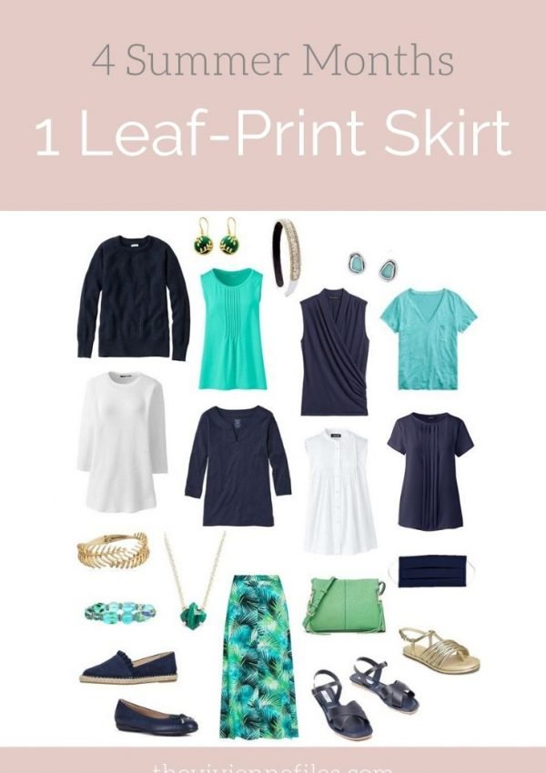 Create a travel capsule wardrobe for summer with a leaf-print skirt