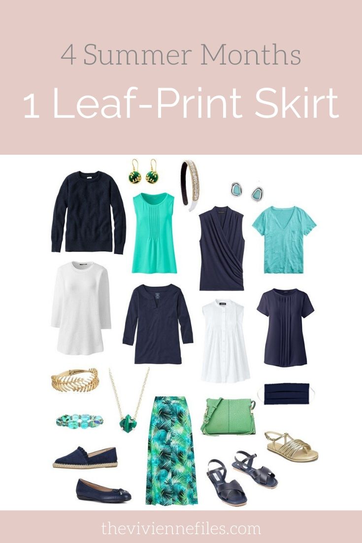 Create a travel capsule wardrobe for summer with a leaf-print skirt