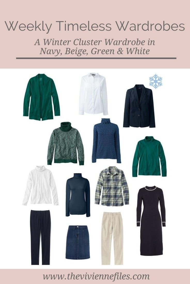 A WINTER CLUSTER WARDROBE IN NAVY, BEIGE, GREEN AND WHITE