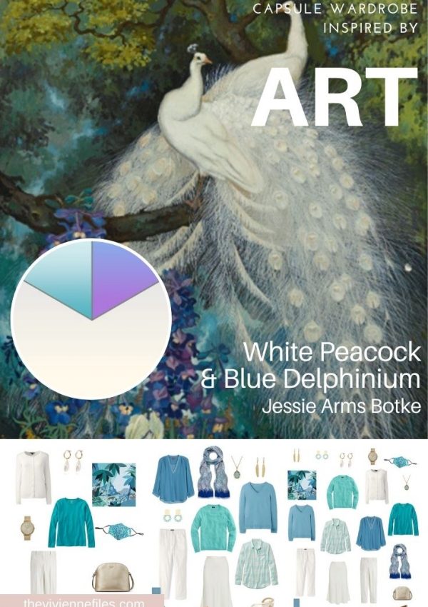 BUILD A TRAVEL CAPSULE WARDROBE – START WITH ART: WHITE PEACOCK & BLUE DELPHINIUM BY JESSIE ARMS BOTKE