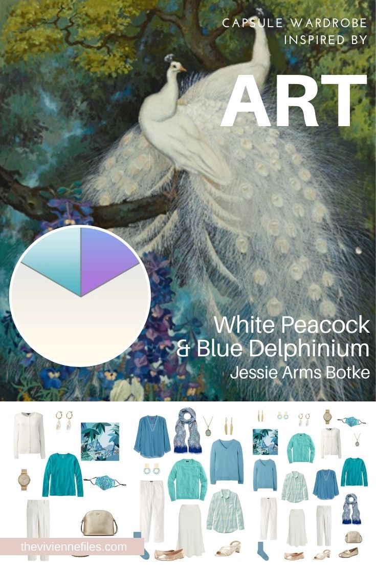 BUILD A TRAVEL CAPSULE WARDROBE – START WITH ART: WHITE PEACOCK & BLUE DELPHINIUM BY JESSIE ARMS BOTKE