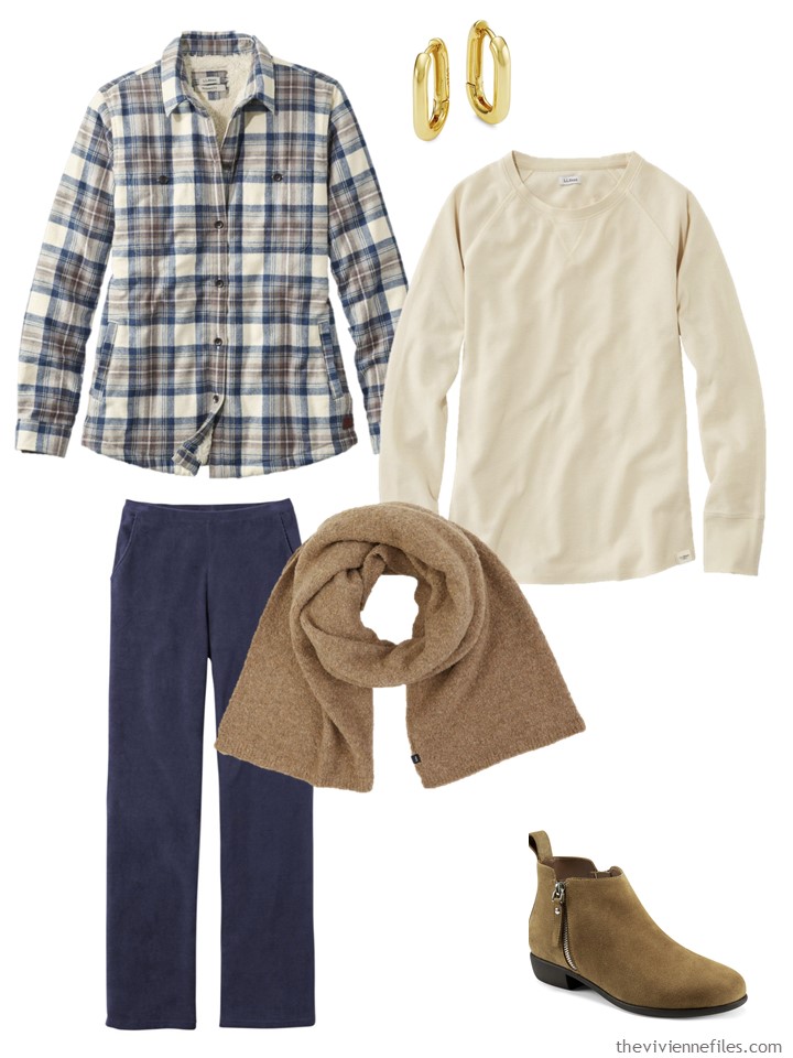 Neutral Layers: Camel sweater, Tunic button-down & Wrap scarf