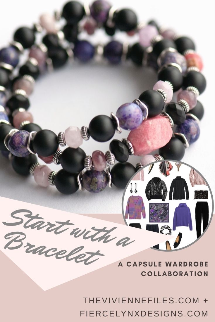 Build a capsule wardrobe starting with a bracelet in black, purple, and pink