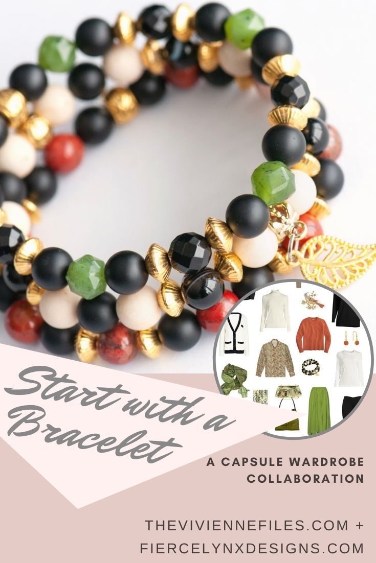 Build a capsule wardrobe starting with a bracelet in black, green and rust