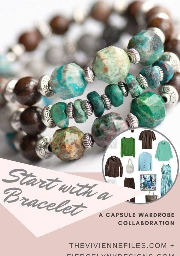 Build a capsule wardrobe starting with a bracelet in blue green brown and grey