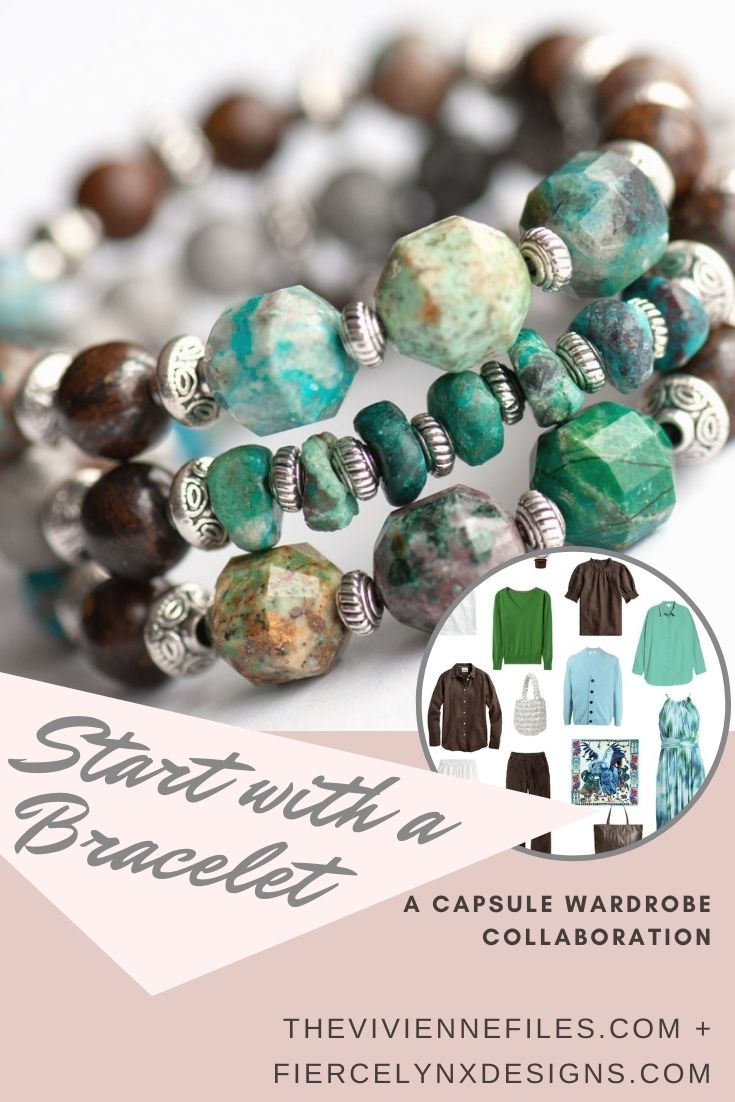 Build a capsule wardrobe starting with a bracelet in blue green brown and grey