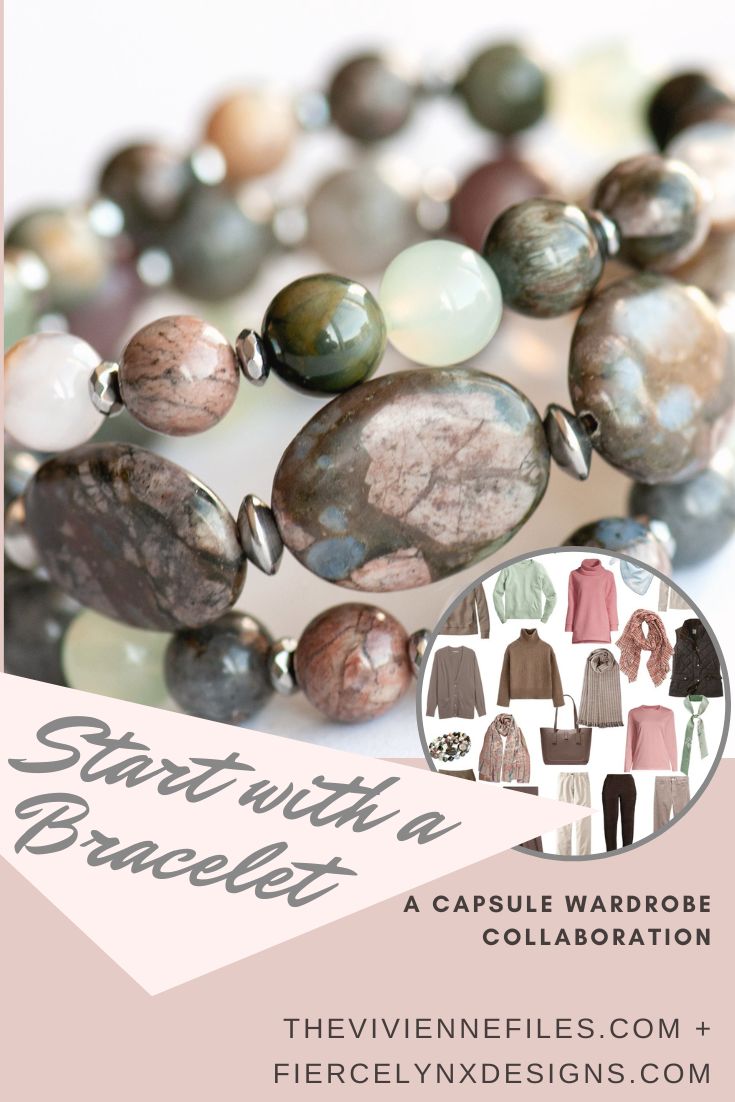 Build a capsule wardrobe starting with a bracelet in brown, green, blue, pink.