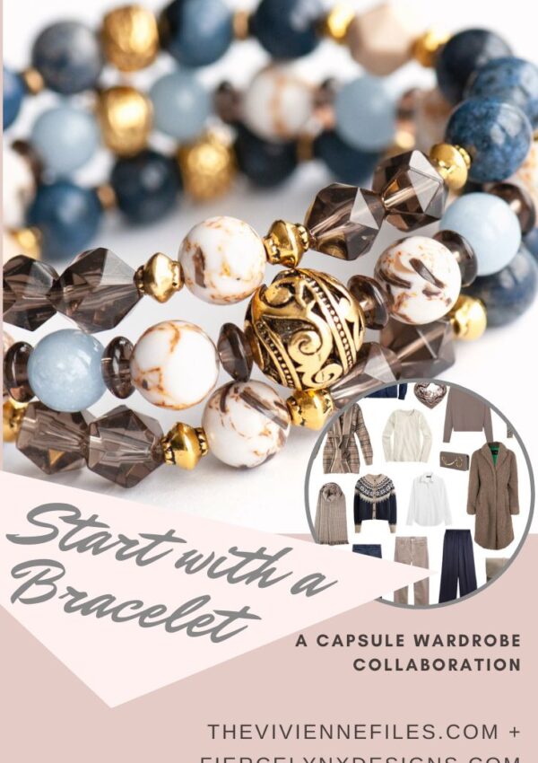 Build a capsule wardrobe starting with a bracelet in brown, navy, and gold