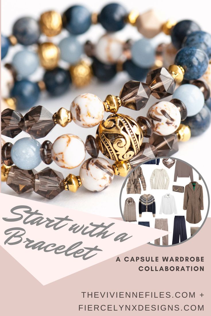 Build a capsule wardrobe starting with a bracelet in brown, navy, and gold
