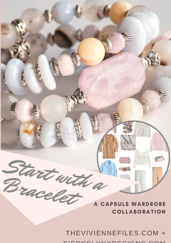 Build a capsule wardrobe starting with a bracelet in cream, mauve, and blue