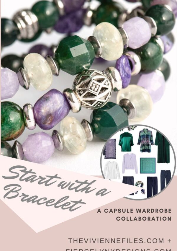 Build a capsule wardrobe starting with a bracelet in green and purple