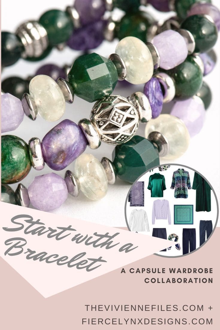 Build a capsule wardrobe starting with a bracelet in green and purple