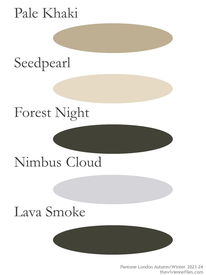 The five "new" neutral colors from Pantone London Fashion Week Autumn/Winter 2023-24: Pale Khaki, Seedpearl, Forest Night, Nimbus Cloud and Lava Smoke