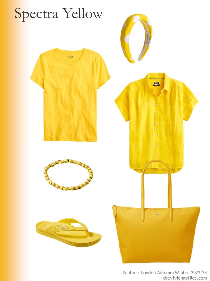 the Pantone London Fashion Week color Spectra Yellow, show in 2 tops and 4 accessories