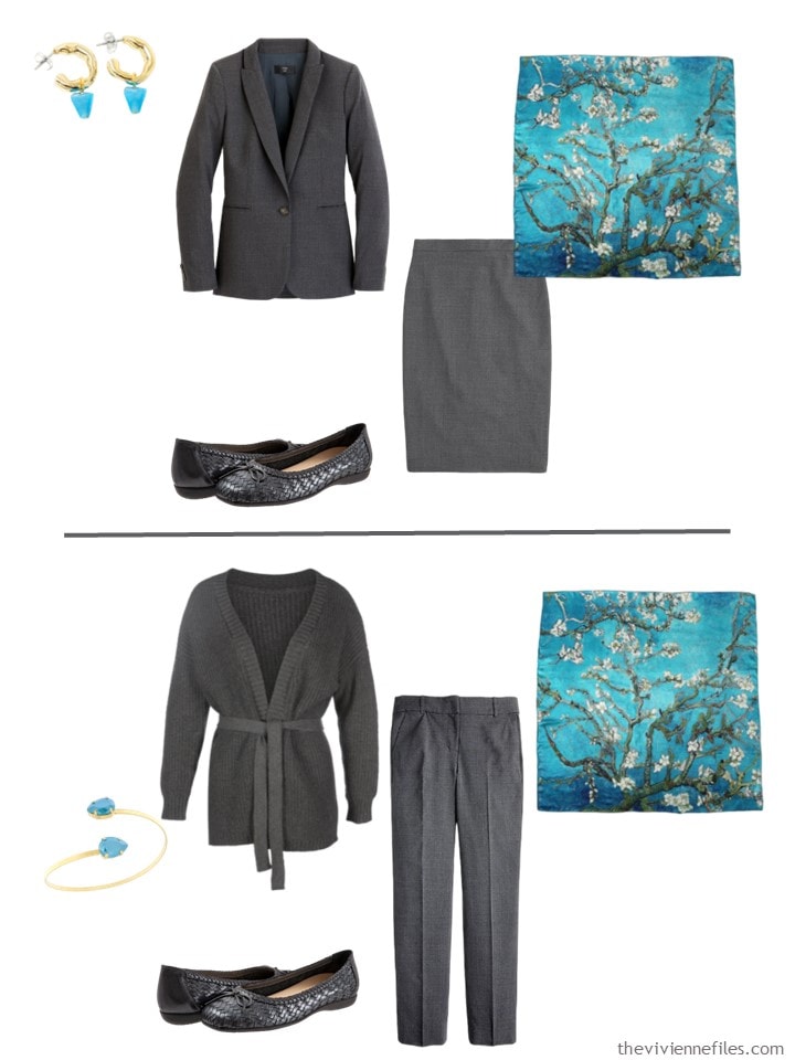 15. what it looks like to wear charcoal grey with Blue Atoll accessories
