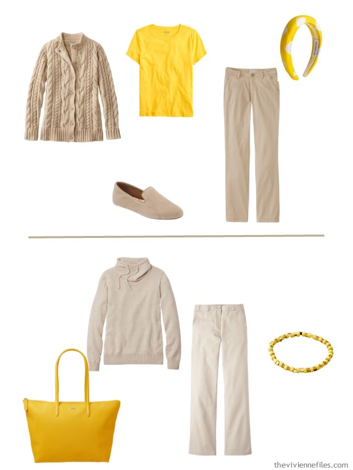 5. what it looks like to wear Spectra Yellow with shades of beige