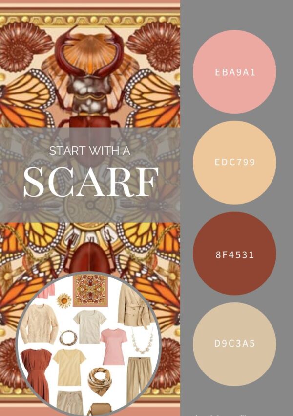 A Travel Capsule Wardrobe in Beige with Warm Accents - Start with a Scarf The Curiosity Cabinet Silk Scarf by Emily Carter