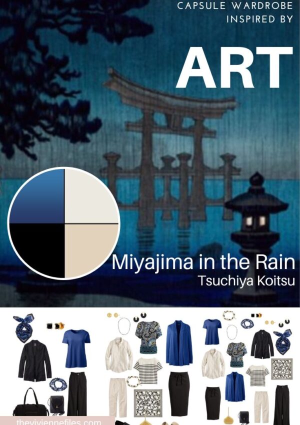 Travel Capsule Wardrobe in Black, Beige and Blue Start with Art - Miyajima in the Rain by Tsuchiya Koitsu